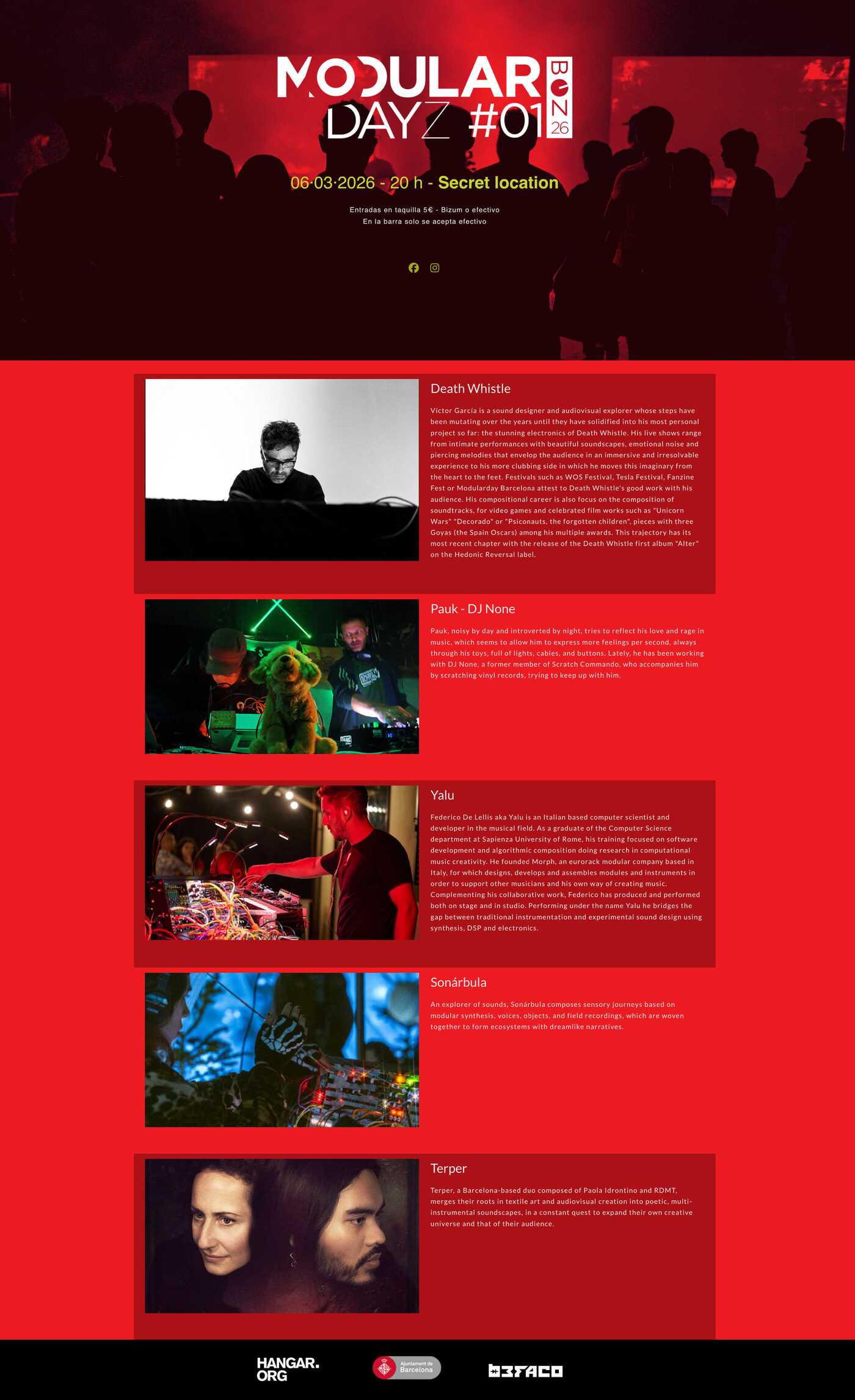 The Modular Dayz #01 event page, red and black, listing Death Whistle, Pauk - DJ None, Yalu, Sonárbula and Terper for 06.03.2026